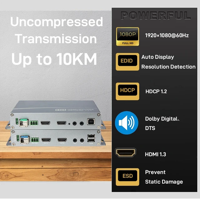 Alt view image 4 of 5 - KVM USB US Plug,1920x1080@60Hz HDMI Fiber Optic Extender, 2 Ports USB+3.5mm Stereo Audio, Full HD Uncompressed Transmit over LC Up to 10KM
