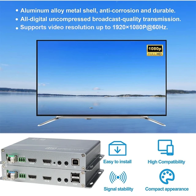 Alt view image 5 of 5 - KVM USB US Plug,1920x1080@60Hz HDMI Fiber Optic Extender, 2 Ports USB+3.5mm Stereo Audio, Full HD Uncompressed Transmit over LC Up to 10KM