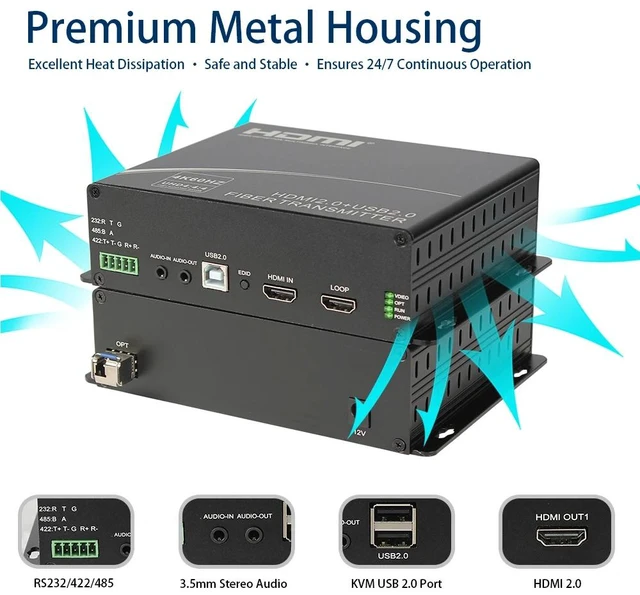 Alt view image 2 of 5 - US Plug,4K@60Hz HDMI 2.0 Fiber Optic Extender, UHD 4:4:4+Loop-Out, 2 Ports USB2.0+3.5mm Stereo Audio+RS232/422/485, 12Gbps, up to 20KM