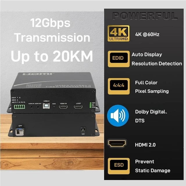 Alt view image 4 of 5 - US Plug,4K@60Hz HDMI 2.0 Fiber Optic Extender, UHD 4:4:4+Loop-Out, 2 Ports USB2.0+3.5mm Stereo Audio+RS232/422/485, 12Gbps, up to 20KM