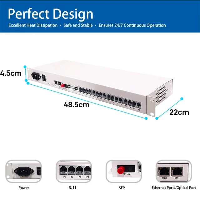Alt view image 2 of 5 - 16RJ11 4FE,16 Port Telephone Fiber Optical Multiplexer RJ11 FXS Phone Over Fiber with Fast Gigabit Ethernet Physical Isolated Network 20KM