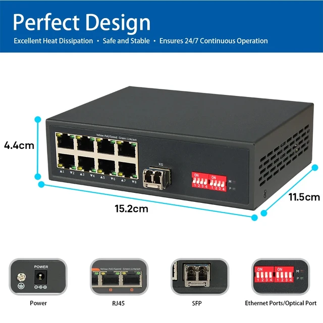 Alt view image 2 of 5 - SingleDuplex US Plug,LED Display Fiber Media Converter, 8-Port 10/100/1000Mbps Ethernet + 10G SFP+, Physically Isolated TDM Transmission, Plug & Play