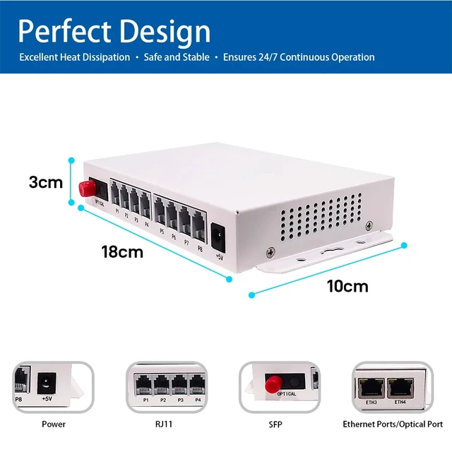 Alt view image 2 of 5 - 8RJ11 2PI-FE,8 Port Telephone Fiber Optical Multiplexer RJ11 FXS Phone Over Fiber with Fast Gigabit Ethernet Physical Isolated Network 20KM