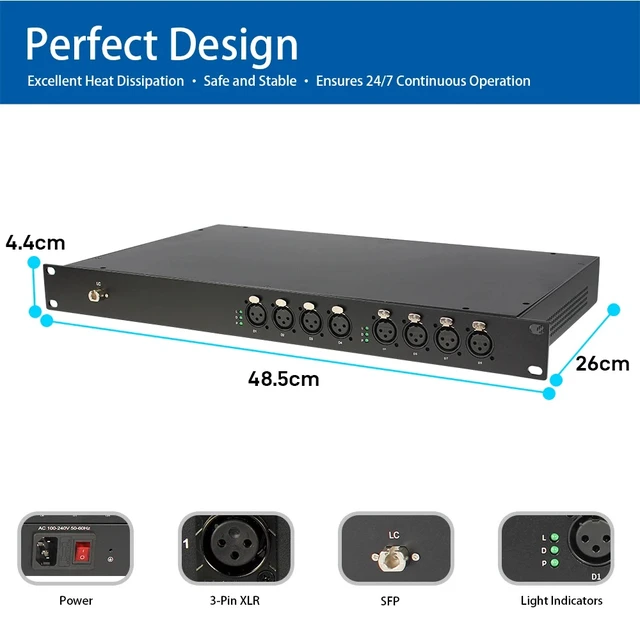 Alt view image 2 of 5 - 8 CH 1 TX 1 RX,8-CH DMX512 Fiber Optic Modem XLR 3-Pin Lighting Extender over Single Fiber 20KM LC Interface 19-Inch 1U Rack Mount Zero Delay