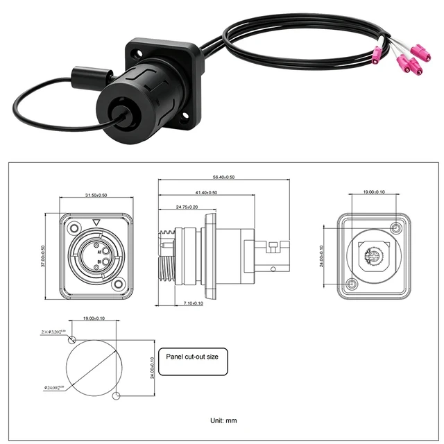 Alt view image 3 of 4 - 4 Channel D-Type,OM4 MPO Expanded Beam Fiber Optic Panel Connector 2CH 4CH HMA Circular D-Type Receptacle IP67 Panel Mount Compatible with DiGiCo