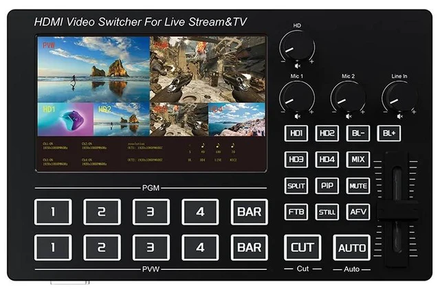 Main image of with AU Plug,1080P Video Mixer Switcher with 5 inch IPS Screen 4-CH HDMI Live Streaming Support Mic Line in Audio Mix Video Capture Recording