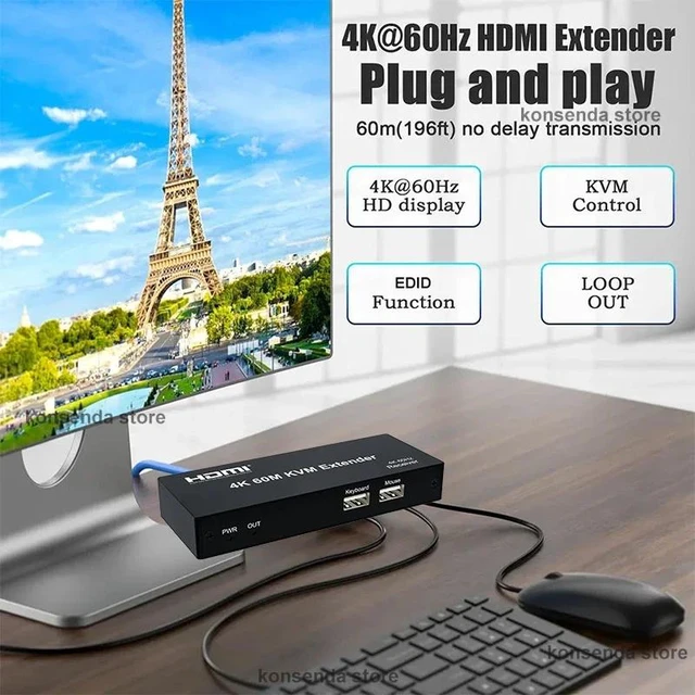 Main image of 60Hz-60M,4K 60Hz HDMI KVM Extender over Rj45 Cat6 Cable 60M KVM Rj45 Ethernet Extender Transmitte Receiver Kit Support USB Mouse Keyboard