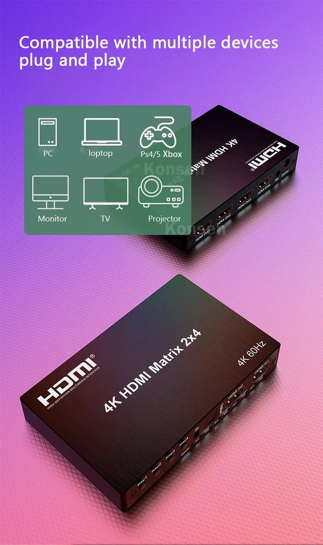 Alt view image 5 of 5 - 2 in 4 out,4K 60Hz HDMI Matrix 2x4 Matrix HDMI Switcher Splitter 2 in 4 out with Audio Extractor Audio Video Converter for PS4/5 Loptop PC