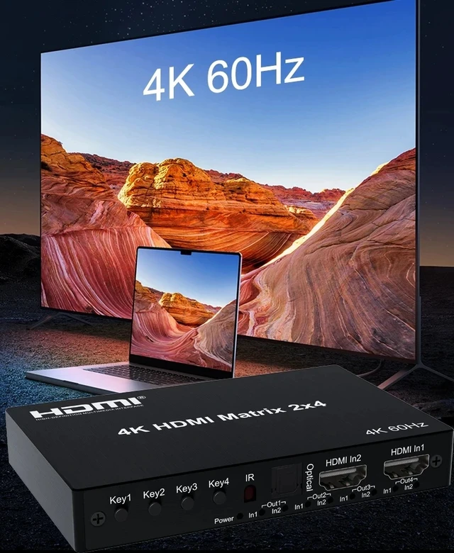 Alt view image 3 of 5 - 2 in 4 out,4K 60Hz HDMI Matrix 2x4 Matrix HDMI Switcher Splitter 2 in 4 out with Audio Extractor Audio Video Converter for PS4/5 Loptop PC