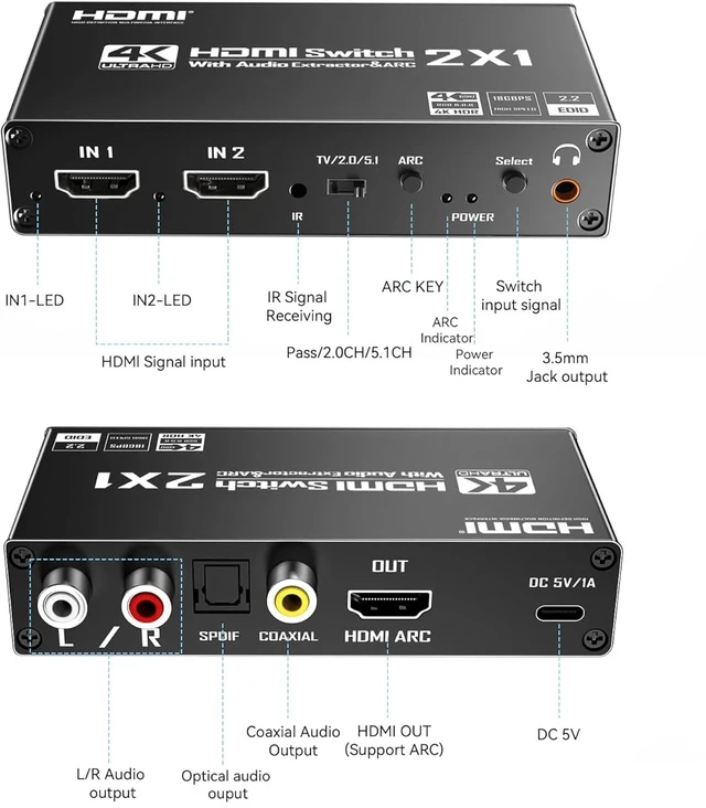 Alt view image 2 of 5 - ,4K HDMI Switch Audio Extractor 2 in 1 out with ARC Return HDMI Switcher 2x1 with R/L+Toslink SPDIF+COAXIAL Audio Out for PC TV
