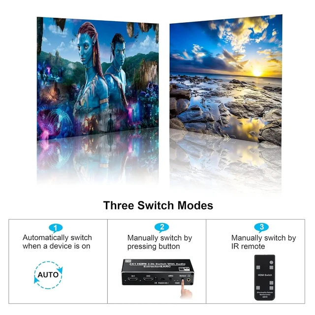 Alt view image 5 of 5 - ,4K HDMI Switch Audio Extractor 2 in 1 out with ARC Return HDMI Switcher 2x1 with R/L+Toslink SPDIF+COAXIAL Audio Out for PC TV