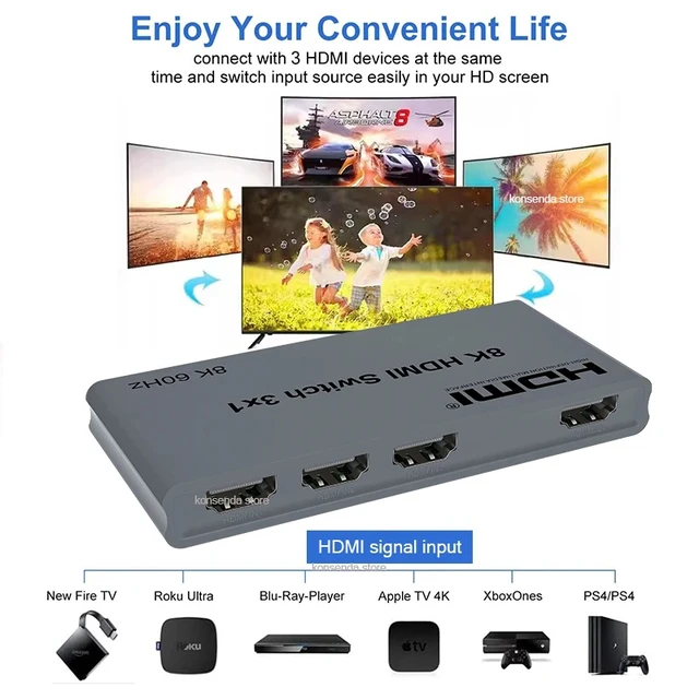 Alt view image 4 of 5 - 8K 3 in 1 out,3-Port HDMI Auto Switcher 3 in 1 out 8K@60Hz 4K@144Hz HDMI Auto Cycle Switch 3x1 with Remote Control HDR for PC XBox TV Monitor