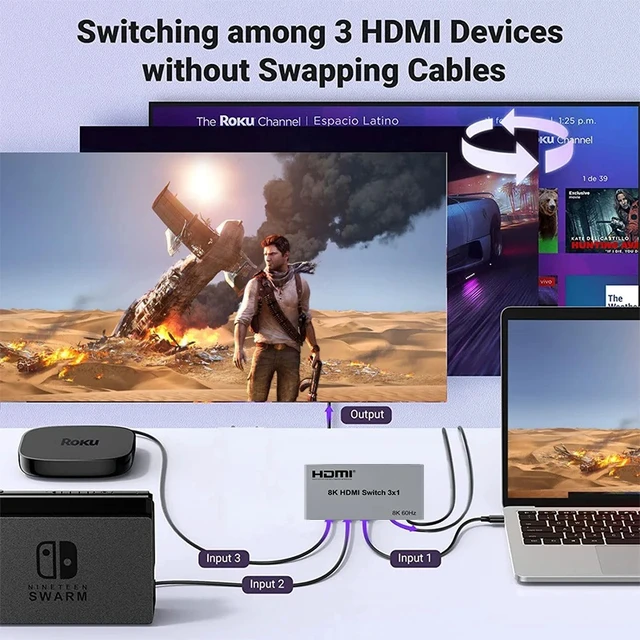 Alt view image 2 of 5 - 8K 3 in 1 out,3-Port HDMI Auto Switcher 3 in 1 out 8K@60Hz 4K@144Hz HDMI Auto Cycle Switch 3x1 with Remote Control HDR for PC XBox TV Monitor