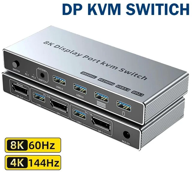 Main image of ,Displayport KVM Switch 2 in 1 out 8K@60Hz 4K@144Hz DP1.4 KVM USB3.0 Switch with 4 USB Port for 2 PC Share Monitor Keyboard Mouse