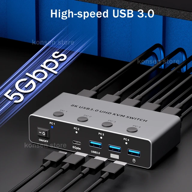 Alt view image 3 of 5 - with US Plug,8K@60Hz HDMI KVM Switch 4 Computers 4K@120Hz 4 Port HDMI USB 3.0 KVM Switcher 4x1 for 4 PC Share Monitor Keyboard Mouse Printer