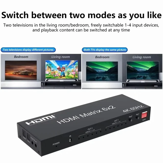 Alt view image 3 of 5 - 6 in 2 out,6x2 HDMI Matrix Switch 4K 60Hz HDMI Matrix 6 in 2 out Video Switcher Splitter with optical R/L Audio Extractor for PC Loptop TV