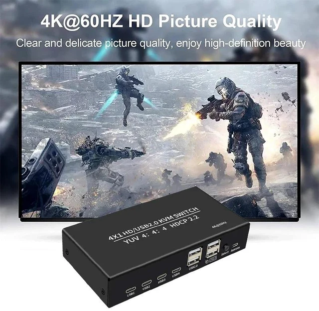 Alt view image 5 of 5 - ,4 port HDMI KVM Switch 4 in 1 out 4K 60Hz HDMI USB Switch Selector with Desktop Controller for 4 PC Share Monitor Mouse Keyboard