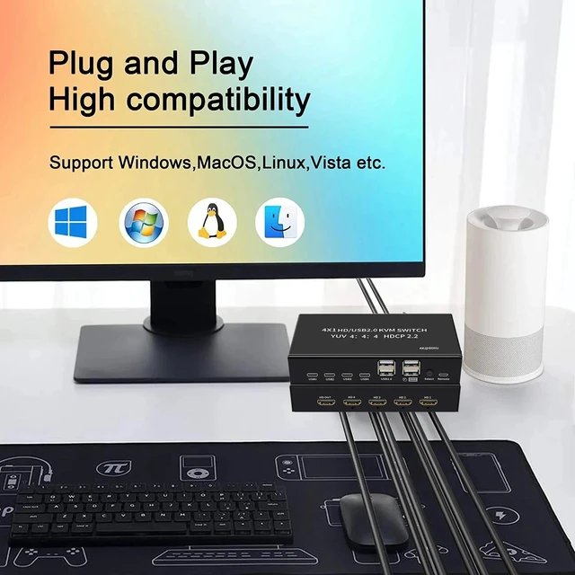 Alt view image 4 of 5 - ,4 port HDMI KVM Switch 4 in 1 out 4K 60Hz HDMI USB Switch Selector with Desktop Controller for 4 PC Share Monitor Mouse Keyboard