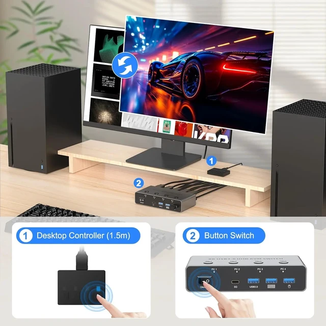 Alt view image 5 of 5 - with AU Plug,8K 60Hz HDMI 2.1 KVM Switch for 4 Computers 4K@120Hz 4-port USB 3.0 Switcher for 4 PCs Share Keyboard Mouse Hard Drives Printer