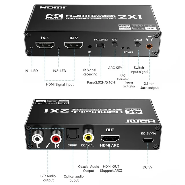 Alt view image 2 of 5 - USB power cable,4K 60Hz HDMI Audio Switch 2 in 1 out ARC Extractor HDMI Switcher Selector 2x1 with R/L+Toslink SPDIF+COAXIAL Audio Out Adapter