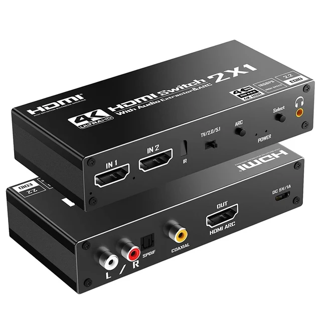 Alt view image 4 of 5 - USB power cable,4K 60Hz HDMI Audio Switch 2 in 1 out ARC Extractor HDMI Switcher Selector 2x1 with R/L+Toslink SPDIF+COAXIAL Audio Out Adapter