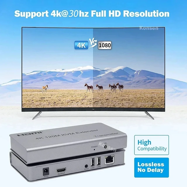 Alt view image 3 of 5 - TX and RX,4K 30Hz HDMI KVM Extender over Cat5e/6 Cable 120M HDMI USB KVM Ethernet Extender Transmitter Receiver Kit Support Mouse Keyboard