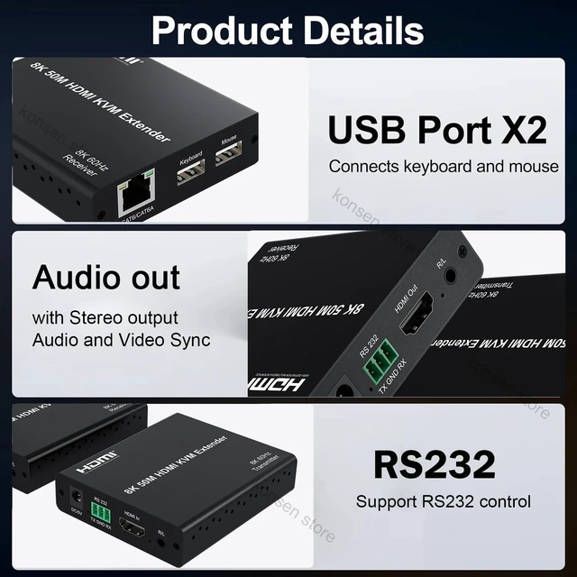 Alt view image 2 of 5 - 1 TX and 1 RX,8K KVM HDMI Extender over CAT6A 8K@60Hz 4:2:0 HDMI KVM Extender 4K@120Hz with Audio output Support USB Mouse Keyboard for PC TV