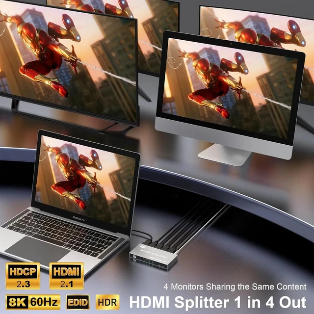 Alt view image 4 of 5 - 8K 1 in 4 out,8K 60Hz HDMI Splitter 1 in 4 out 4K 120Hz HDMI 2.1 Video Distributor Splitter 1x4 Copy Screens Converter 48Gbps HDCP 2.3 HDR VRR