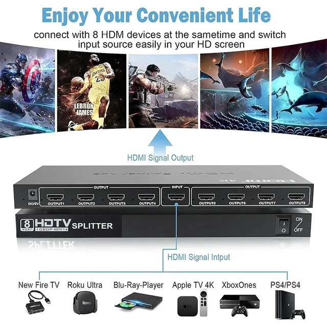 Alt view image 5 of 5 - With UK Plug,8-Port HDMI Splitter 1 in 8 out 4Kx2K HDMI Video Distributor Splitter 1x8 Screen Duplicate Display for PS4 NVR PC TV Monitor