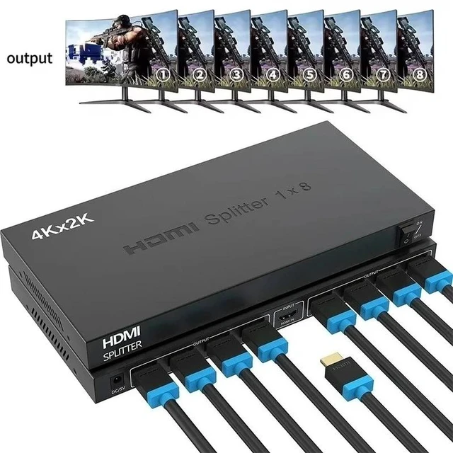 Main image of With UK Plug,8-Port HDMI Splitter 1 in 8 out 4Kx2K HDMI Video Distributor Splitter 1x8 Screen Duplicate Display for PS4 NVR PC TV Monitor