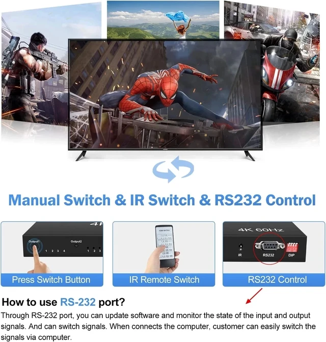 Alt view image 4 of 5 - with AU Plug,4K 60Hz HDMI True Matrix 4x4 HDMI 2.0 Matrix Switcher 4 in 4 out Video Matrix Switch Splitter Converter with RS232 EDID HDCP 2.2