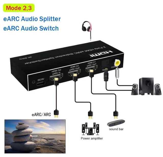 Alt view image 2 of 5 - with AU Plug,4K 60Hz Bi-direction HDMI eARC Audio Extractor 7.1CH HDMI Audio Switch Splitter 1x2 2x1 with Toslink SPDIF+COAXIAL+Aux Audio out