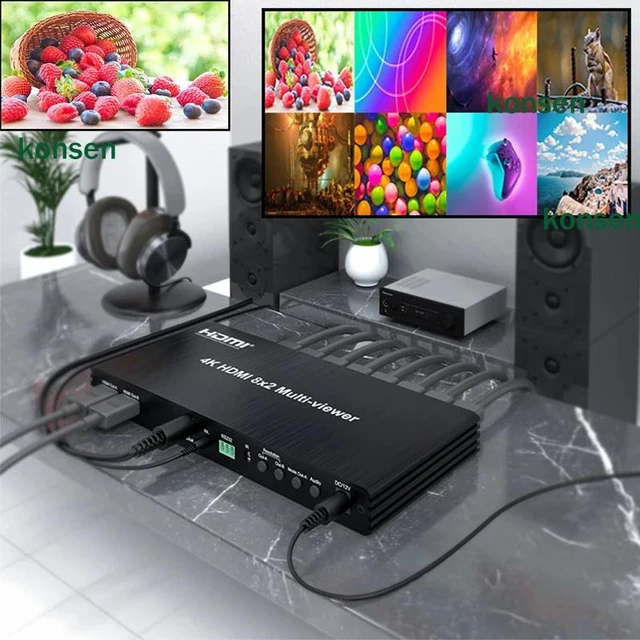 Alt view image 4 of 5 - with US Plug,4K HDMI Multi Viewer 8x2 with PIP Dual Monitor HDMI Multiviewer Seamless Switcher 4 in 2 Out with Optical 3.5mm Audio Extractor