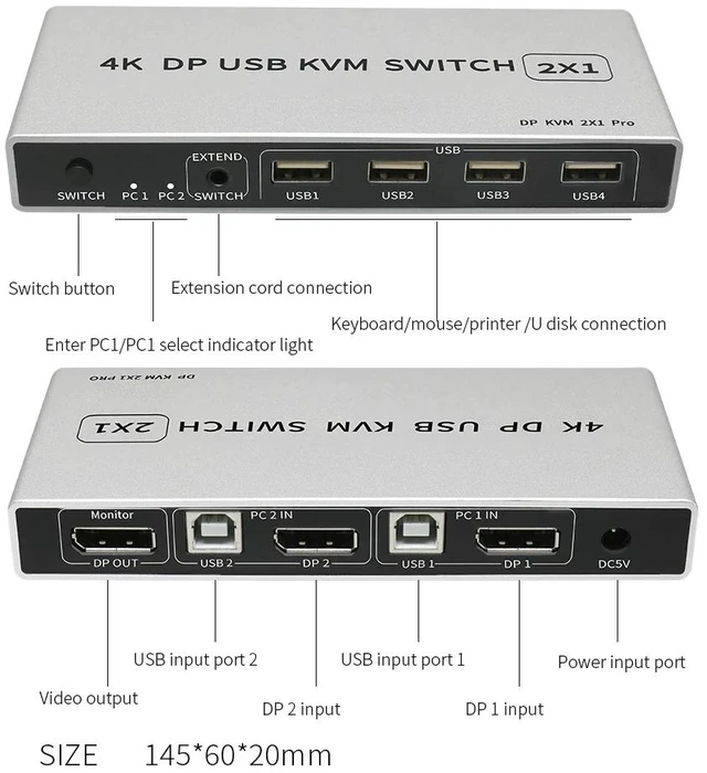 Main image of 8K,8K Displayport KVM Switch 2x1 8K 60Hz DP USB KVM Switch 2 in 1 out Displayport 1.4 Switch KVM DP USB Switch Share Keyboard Mouse