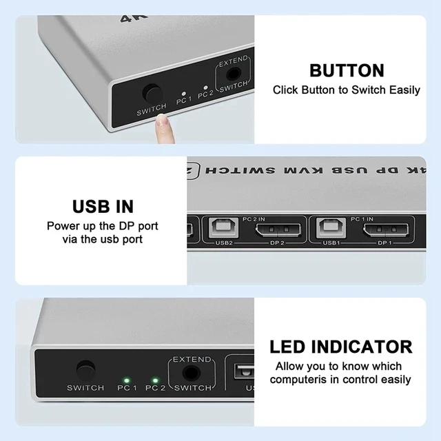 Alt view image 4 of 5 - 8K,8K Displayport KVM Switch 2x1 8K 60Hz DP USB KVM Switch 2 in 1 out Displayport 1.4 Switch KVM DP USB Switch Share Keyboard Mouse