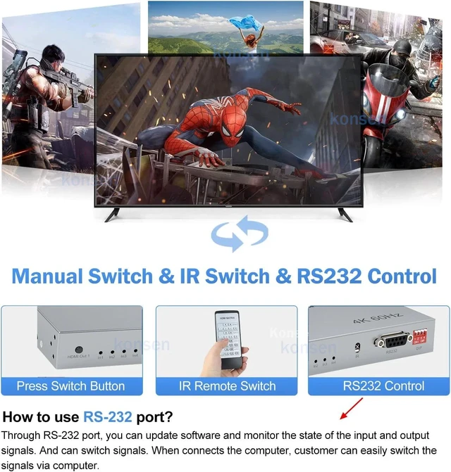 Alt view image 4 of 5 - 4K 30Hz Matrix 4x4,4x4 HDMI Matrix Switch 4 in 4 out with Audio Extractor 4K@30Hz/60Hz HDMI Matrix Switcher Splitter Selector Support EDID RS232