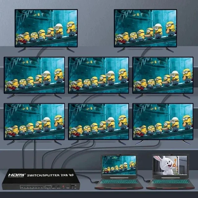 Main image of with UK Plug,4K HDMI Switcher 2 in 8 out HDMI Switch Splitter 2x8 Video Distributor for Laptop PC to Multi Screen TV Projector Copy Display
