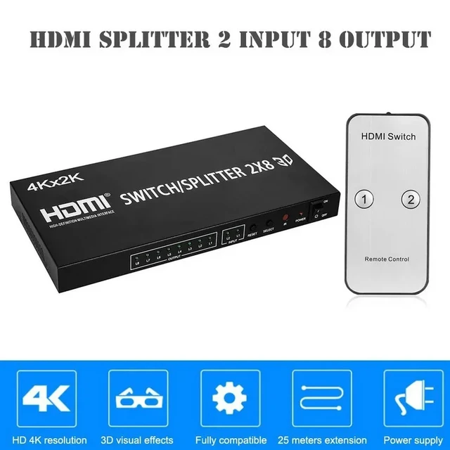 Alt view image 2 of 5 - with UK Plug,4K HDMI Switcher 2 in 8 out HDMI Switch Splitter 2x8 Video Distributor for Laptop PC to Multi Screen TV Projector Copy Display