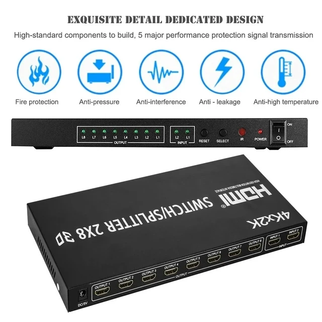 Alt view image 5 of 5 - with UK Plug,4K HDMI Switcher 2 in 8 out HDMI Switch Splitter 2x8 Video Distributor for Laptop PC to Multi Screen TV Projector Copy Display