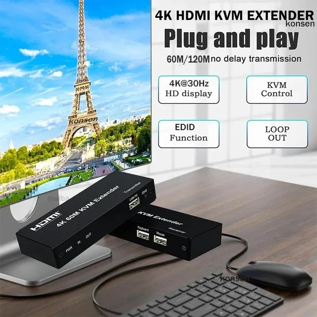 Main image of 4K 120M Version,4K 30Hz HDMI KVM Extender over RJ45 Ethernet Cat5e/6 HDMI USB Extender Transmitter Receiver Support Mouse Keyboard for PC NVR