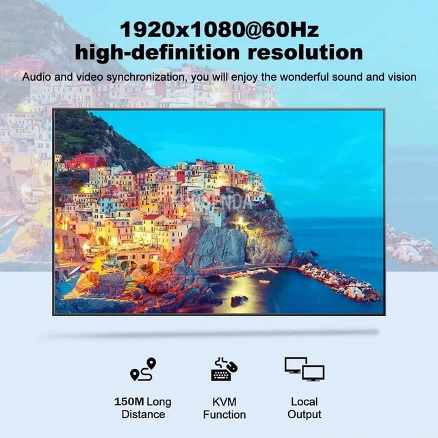 Alt view image 3 of 5 - with EU Plug,150M HDMI KVM Extender over RJ45 Cat5e/6 HDMI USB Ethernet Extender Transmitter Receive Kit Support Mouse Keyboard for PC NVR TV