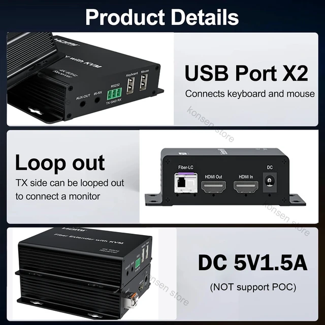 Alt view image 3 of 5 - with US Plug,20Km HDMI KVM Fiber Extender over LC Fiber Optic Cable 4K@60Hz KVM HDMI Fiber Extender W/Audio out Support PC USB Mouse Keyboard