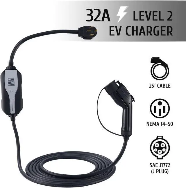 Main image of 25' 250V 32A Max Lvl2 Car Charger for SAE J1772 Electric Cars  NEMA 14-50 Plugs
