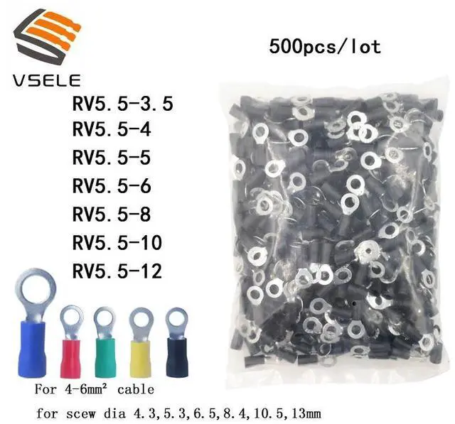Alt view image 2 of 7 - First picture~ 500Pcs/pack ring crimp insulation terminal RV5.5-6 for 4-6mm2 wire cable connector( RV5.5-6
red
)
