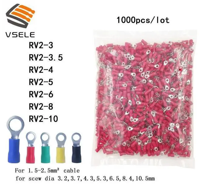 Alt view image 2 of 7 - First picture~ 1000Pcs/lot ring crimp insulation terminal  RV2-5 for 1.5-2.5mm2 wire cable connector( RV2-5
red
)