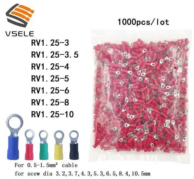 Alt view image 2 of 7 - First picture~ 1000Pcs/pack ring crimp insulation terminal RV1.25-3 RV1.25-4 RV1.25-5 RV1.25-6 8 10 for 0.5-1.5mm2 wire cable connector( RV1.25-6
blue
)