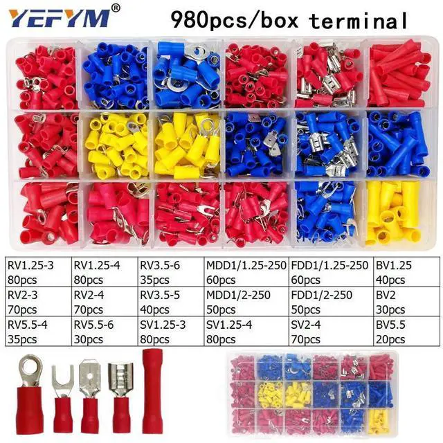 Main image of First picture~ tube insulating crimp terminals insulating ring terminals plug tab 2.8 4.8 6.3 terminator connector block 9 kinds box set(White 980Pcs ring
)