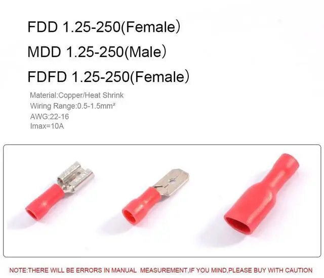 Alt view image 5 of 7 - First picture~60Pcs FDD/FDFD/MDD 6.0mm Terminal 3colors Female Male Spade Insulated Electrical Crimp Terminal Connectors Wiring Cable plug(Purple 60Pcs Set-Red
)