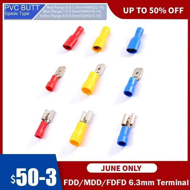 Alt view image 2 of 7 - First picture~60Pcs FDD/FDFD/MDD 6.0mm Terminal 3colors Female Male Spade Insulated Electrical Crimp Terminal Connectors Wiring Cable plug(Purple 60Pcs Set-Red
)