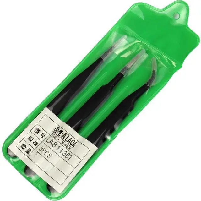 Main image of First picture~ 3 in 1 Stainless Steel Tweezers point and Curved Shape Repair tools Forceps precision Soldering Tweezers Set(Black Black
)